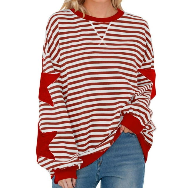 Ftwytp Women Striped Star Print Sweatshirt Oversized Long Sleeve Shirts Crew Neck Shirt Color Block Jumper Sweatshirt with Elastic Cuffs Y2K