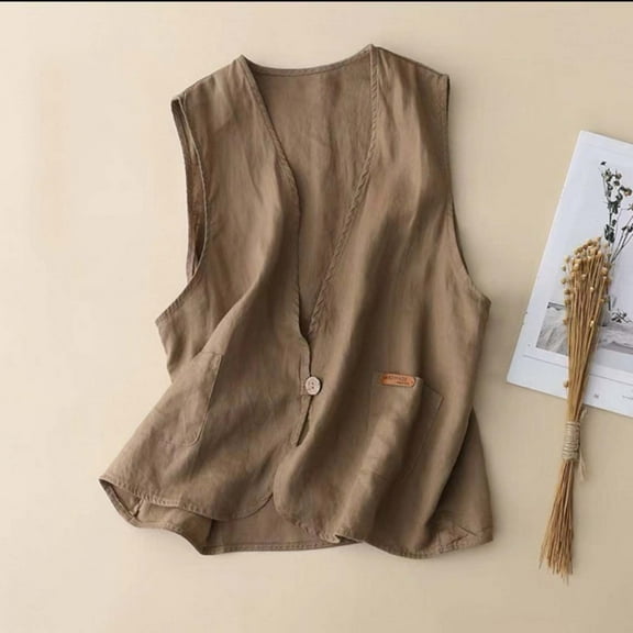 Ftwytp Women Summer Casual Cotton Linen Vest Tops Trendy Denim Sleeveless Blazer Cardigan Down Waistcoat Trend Loose Buttons Hoodless Outwear