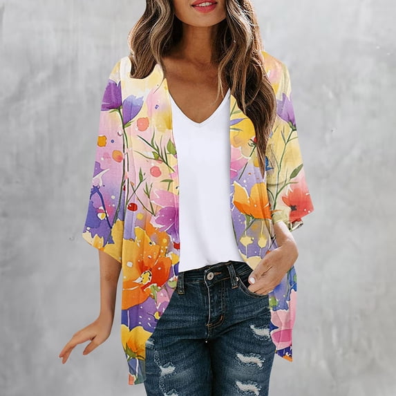Ftwytp Women Summer Long Sleeve Tshirts Fall Sweaters Casual Tops Trendy Cardigan with Pockets Floral Printing Tops Blouse with Cardigan