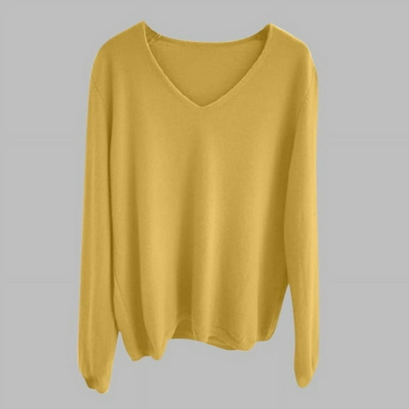 Ftwytp Women's Autumn and Winter V Neck 2024 Solid Color Pullover Loose Knitted Long Sleeved Bottoming Shirt Sweater