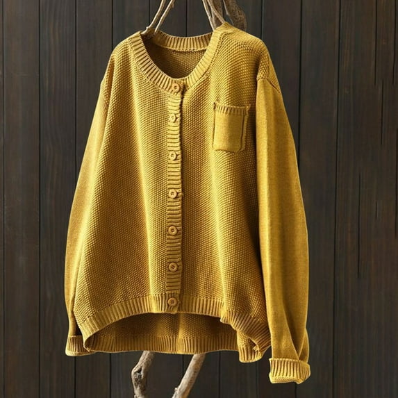 Ftwytp Women's Cardigan Long Sleeve with Buttons Solid Color Cardigan Warm Knitted Pullover Jacket with Pocket Embroidery Fashion Knitted Cardigan Coat