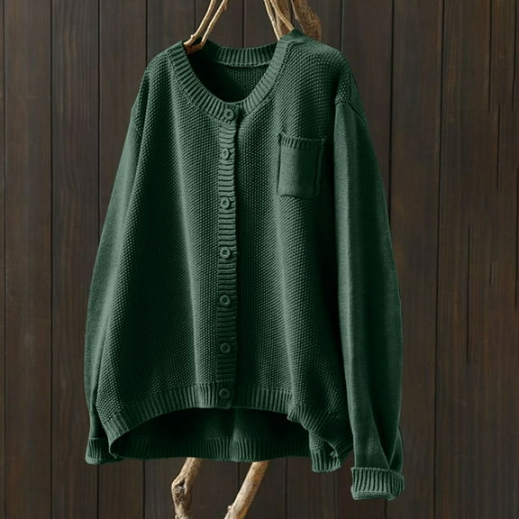 Ftwytp Women's Cardigan Long Sleeve with Buttons Solid Color Cardigan Warm Knitted Pullover Jacket with Pocket Embroidery Fashion Knitted Cardigan Coat