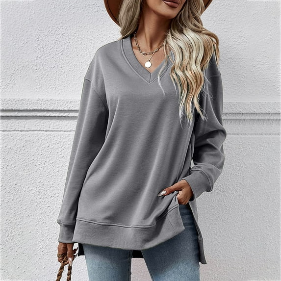 Ftwytp Women's Casual Long Sleeve V Neck Shirts Lightweight Sweatshirts Fashion Solid Color Tunic Tops with Leggings