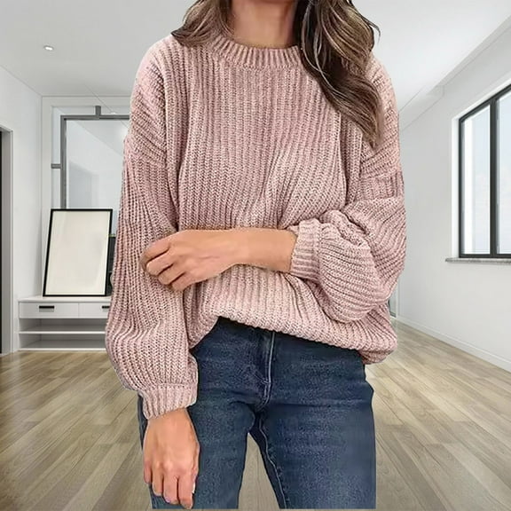 Ftwytp Women's Casual Round Neck Knitted Sweater Long Sleeve Solid Color Soft Loose Ribbed Pullover Sweater Top Pullover Wool Sweaters 2025