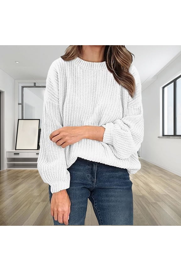 Women's Casual Round Neck Knitted Sweater Long Sleeve Solid Color Soft Loose Ribbed Pullover Sweater Top Pullover Wool Sweaters 2025