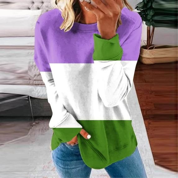 Ftwytp Women's Fashion Color Blocked Printed Loose T-shirt Long Sleeves Blouse Round Neck Casual Tops Sweatshirt Hoodies