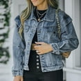 thumbnail image 1 of Ftwytp Women's Fashion Rhinestone Button Front Denim Jacket Casual Long Sleeve Collar Neck Jeans Trucker Jacket Coat, 1 of 9