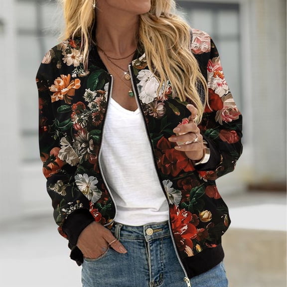 Ftwytp Women's Jackets Baseball Coat Lightweight Bomber Jacket Long Sleeve Zip Up Flight Jackets Outdoor Windbreaker Coats Autumn Winter Casual Floral Print Outerwear