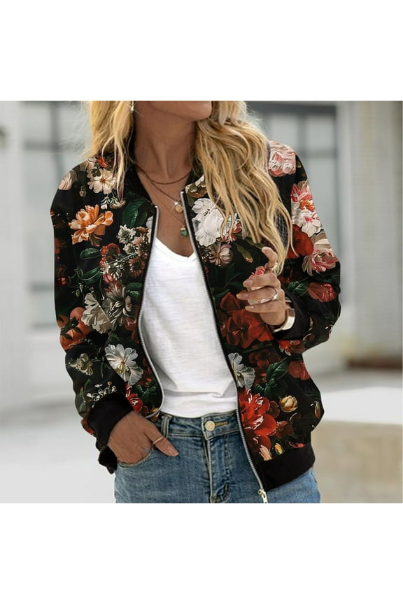 Women's Jackets Baseball Coat Lightweight Bomber Jacket Long Sleeve Zip Up Flight Jackets Outdoor Windbreaker Coats Autumn Winter Casual Floral Print Outerwear
