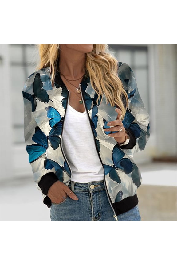 Women's Jackets Baseball Coat Lightweight Bomber Jacket Long Sleeve Zip Up Flight Jackets Outdoor Windbreaker Coats Autumn Winter Casual Floral Print Outerwear