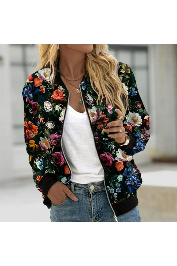 Women's Jackets Baseball Coat Lightweight Bomber Jacket Long Sleeve Zip Up Flight Jackets Outdoor Windbreaker Coats Autumn Winter Casual Floral Print Outerwear