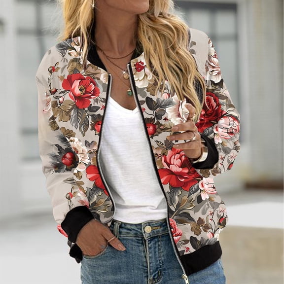 Ftwytp Women's Jackets Baseball Coat Lightweight Bomber Jacket Long Sleeve Zip Up Flight Jackets Outdoor Windbreaker Coats Autumn Winter Casual Floral Print Outerwear