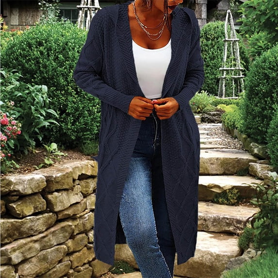 Ftwytp Women's Long Sleeve Cardigans Open Front Solid Color Sweater Coats Loose Kimono Knitwear Cardigans Mid Length Pocket Cardigan Jacket