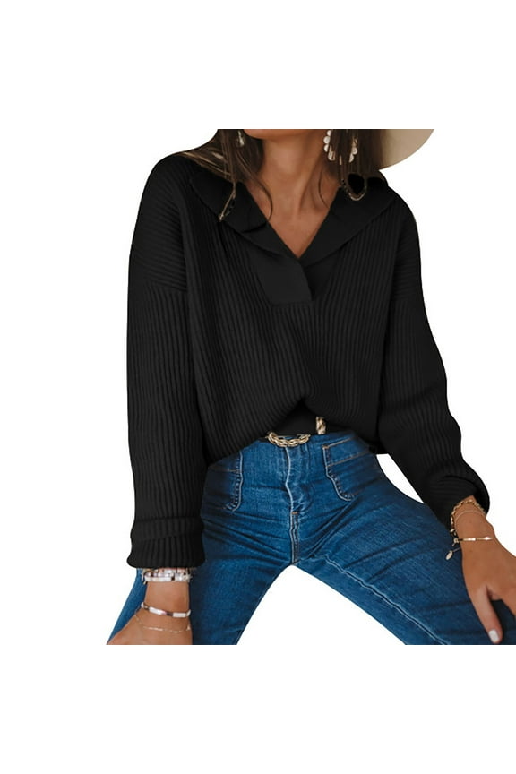 Women's Long Sleeve Knitted Pullover Fashion Clothing Women Casual Sweater Lapel Solid Color Slim Fit V Neck Knit Sweater Jumper Autumn Winter Elegant Tops