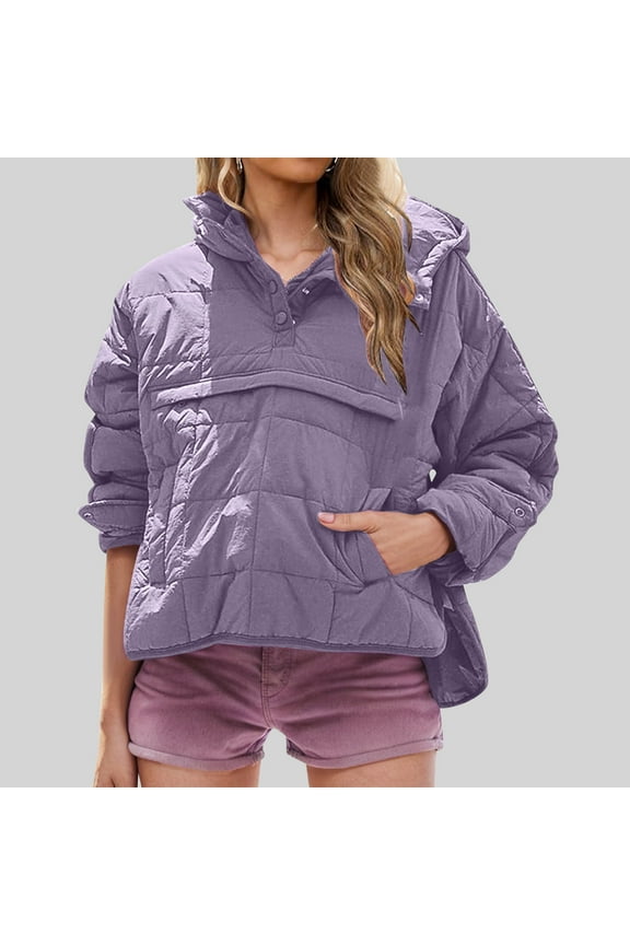 Women's Quilted Pullover Puffer Jacket Packable Hooded Oversize Winter Coat Oversized Lightweight Winter Warm Pullover Padded Hoodies Coat with Pockets