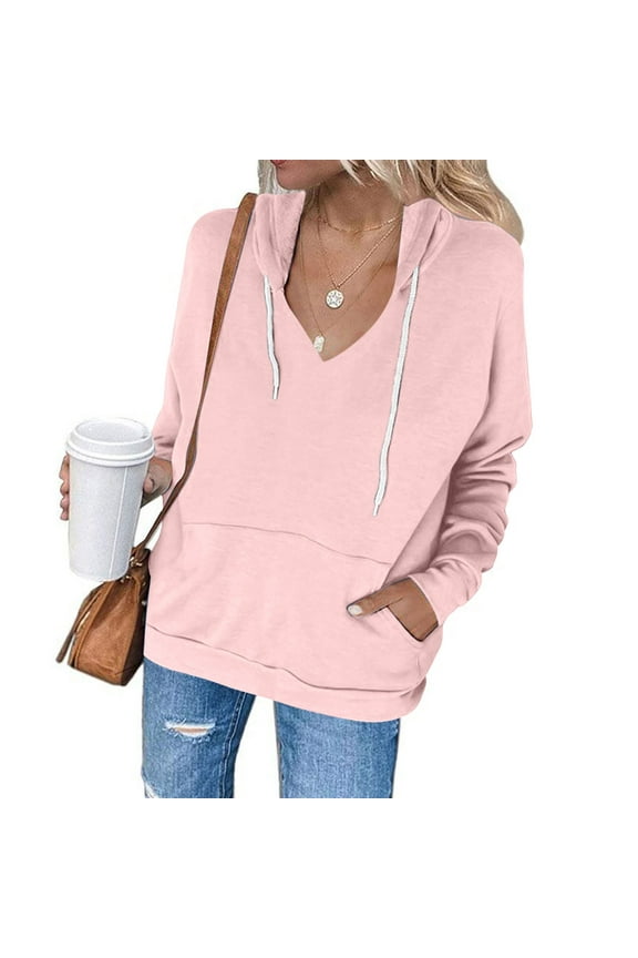 Women's Solid Color Pullover Hoodie Sweatshirt Casual V Neck Long Sleeve Drawstring Jacket Sweater with Pockets