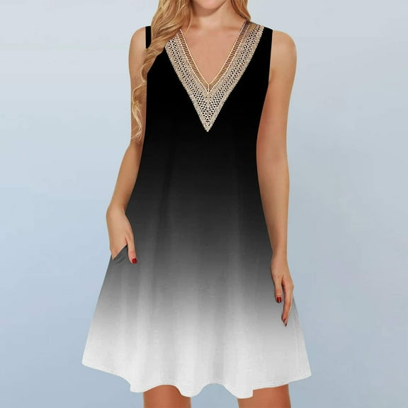 Ftwytp Women's Summer Casual Sleeveless Dresses V Neck Lace Tank Dress Loose Flowy Stripe Printed Sundress with Pockets Women's Printed Lace Sleeveless Pocket V-Neck Dress