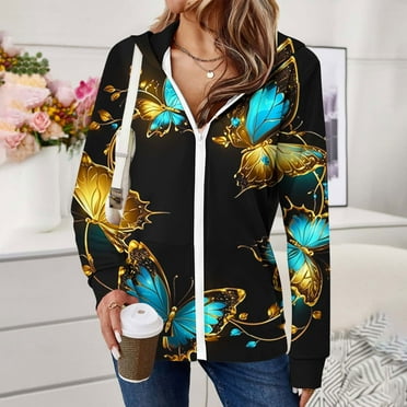 Ftwytp Womens 2025 Zip Up Hoodies Long Sleeve Jackets Butterfly Print Casual Sweatshirt Loose Jacket with Pockets Hooded Sweatshirts