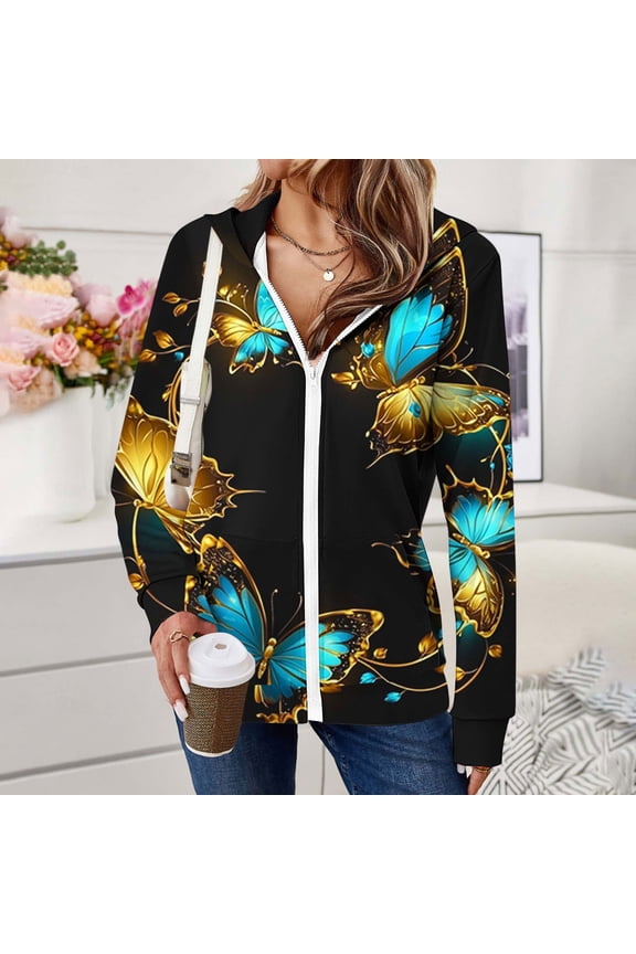 Womens 2025 Zip Up Hoodies Long Sleeve Jackets Butterfly Print Casual Sweatshirt Loose Jacket with Pockets Hooded Sweatshirts