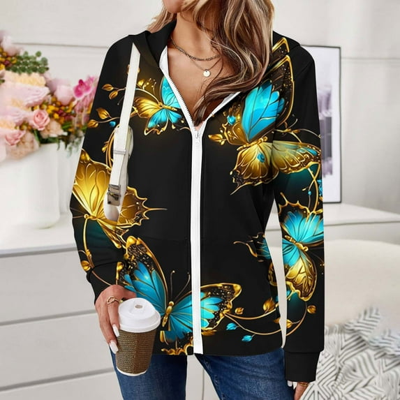 Ftwytp Womens 2025 Zip Up Hoodies Long Sleeve Jackets Butterfly Print Casual Sweatshirt Loose Jacket with Pockets Hooded Sweatshirts