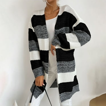 Ftwytp Womens Cardigan Sale Clearance Women's Pocket Coat Autumn/Winter Mid Length Color Blocked Knitted Cardigan Ladies Open Front Cardigans