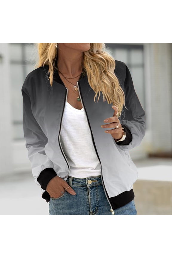 Womens Casual Jacket Long Sleeve Full Zip Coats Solid Pocket Jacket Outwear Sportswear Coats Gradient Athletic Cardigan Outwear