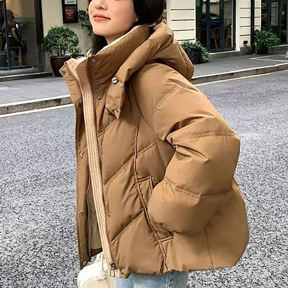 Ftwytp Womens Casual Loose Short Winter Quilted Cotton-padded Jacket Stand-up Collar Button Front Coat With Pockets Solid Color Oversized Jacket