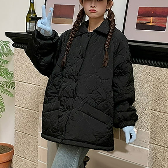 Ftwytp Womens Casual Loose Short Winter Quilted Cotton-padded Jacket Stand-up Collar Button Front Coat With Pockets Solid Color Oversized Jacket