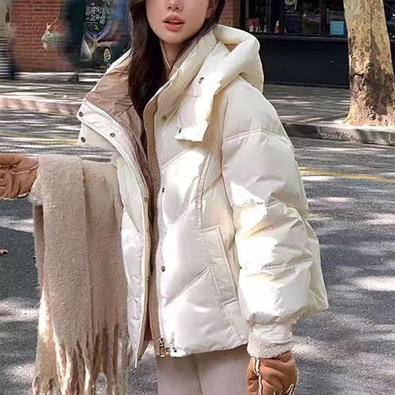 Ftwytp Womens Casual Loose Short Winter Quilted Cotton-padded Jacket Stand-up Collar Button Front Coat With Pockets Solid Color Oversized Jacket