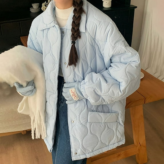 Ftwytp Womens Casual Loose Short Winter Quilted Cotton-padded Jacket Stand-up Collar Button Front Coat With Pockets Solid Color Oversized Jacket