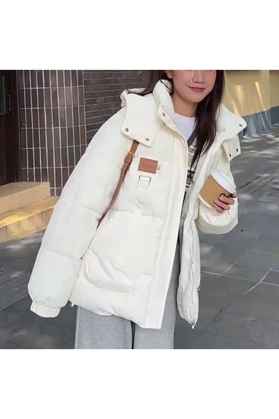 Womens Casual Loose Short Winter Quilted Cotton-padded Jacket Stand-up Collar Button Front Coat With Pockets Solid Color Oversized Jacket