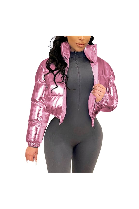 Womens Cropped Puffer Down Jacket Coat Padded Quilted Jacket Long Sleeve Zip Up Coat Short Outerwear Y2k Winter Warm Solid Color Coat