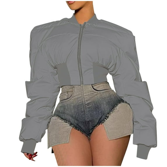 Ftwytp Womens Cropped Puffer Down Jacket Coat Padded Quilted Jacket Long Sleeve Zip Up Coat Short Outerwear Y2k Winter Warm Solid Color Coat