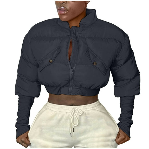Ftwytp Womens Cropped Puffer Down Jacket Coat Padded Quilted Jacket Long Sleeve Zip Up Coat Short Outerwear Y2k Winter Warm Solid Color Coat