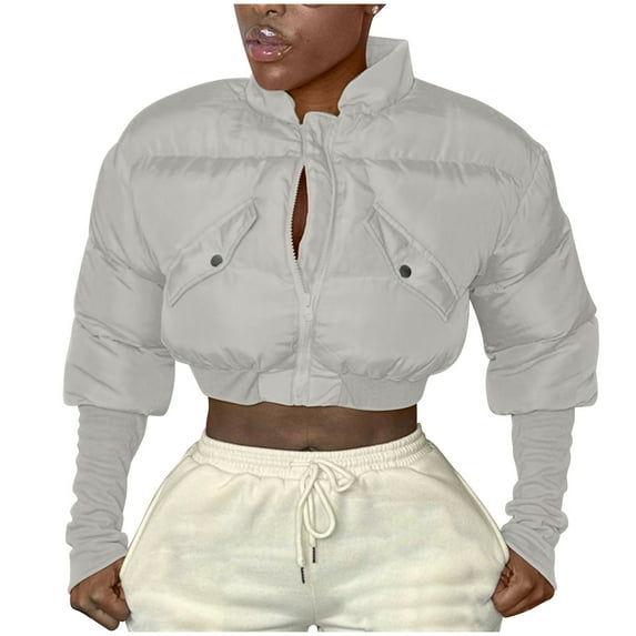 Ftwytp Womens Cropped Puffer Down Jacket Coat Padded Quilted Jacket Long Sleeve Zip Up Coat Short Outerwear Y2k Winter Warm Solid Color Coat