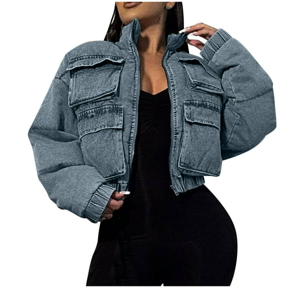 Ftwytp Womens Cropped Puffer Down Jacket Coat Padded Quilted Jacket Long Sleeve Zip Up Coat Short Outerwear Y2k Winter Warm Solid Color Coat