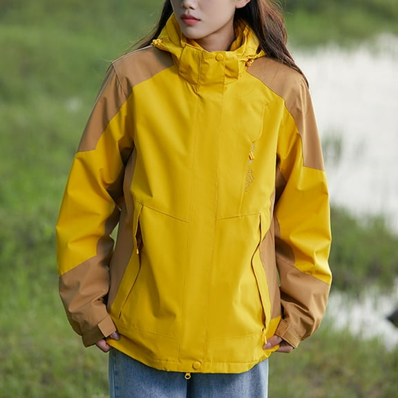 Ftwytp Womens Detachable Cap Windproof Thick Three-In-One Jacket Outdoor Sports Waterproof Coat Lightweight Windbreaker Zipper Warm Outerwear