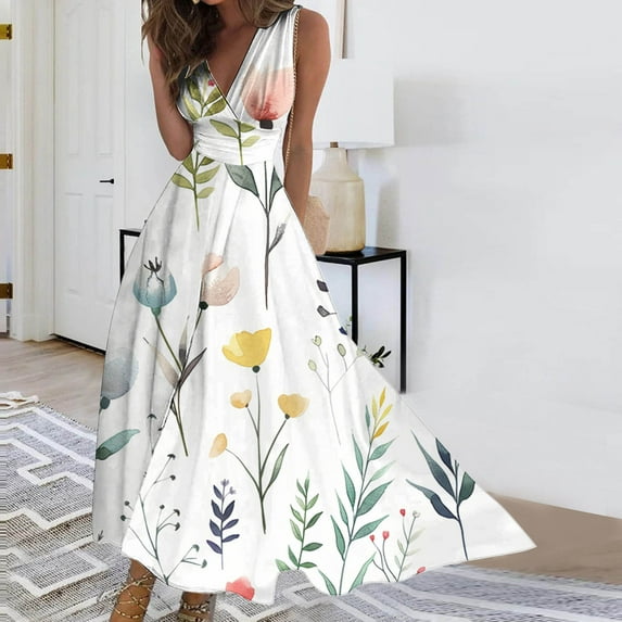 Ftwytp Womens Dresses Summer 2024 Casual Sleeveless Wrap V Neck Boho Floral Printed Empire Waist Long Flowy Vacation Dress Women's Spring/Summer Sleeveless Wrapped Chest Dress Long Dress