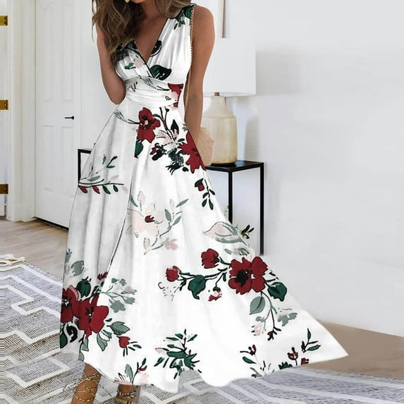 Ftwytp Womens Dresses Summer 2024 Casual Sleeveless Wrap V Neck Boho Floral Printed Empire Waist Long Flowy Vacation Dress Women's Spring/Summer Sleeveless Wrapped Chest Dress Long Dress