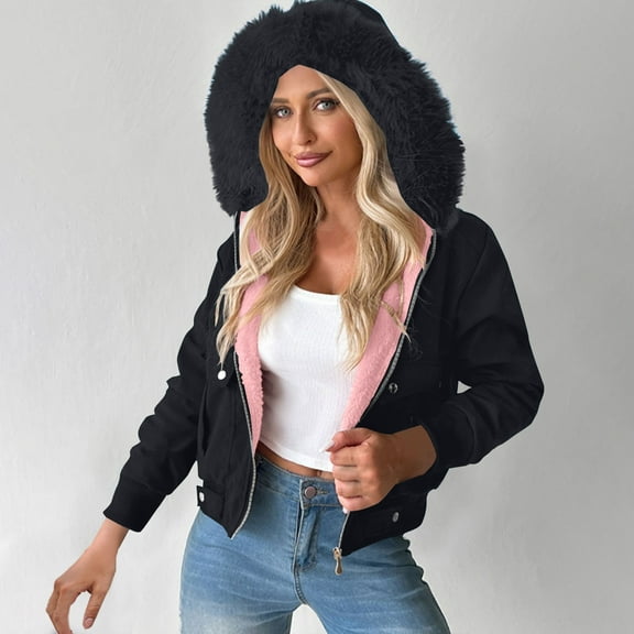 Ftwytp Womens Full Zip Fleece Cropped Long Sleeve Hooded Teddy Fleece Zip Up Double Fleece Jumpers Loose Fit Casual Fluffy Pullover Sweatshirts Fall Winter Warm Coats