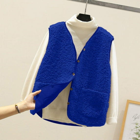 Ftwytp Womens Gilets Clearance Vest Coat Short Jacket Winter Sleeveless Fleece Button Solid Outerwear Casual Plush Cardigans Fleece Trench Coats Outerwear with Pocket
