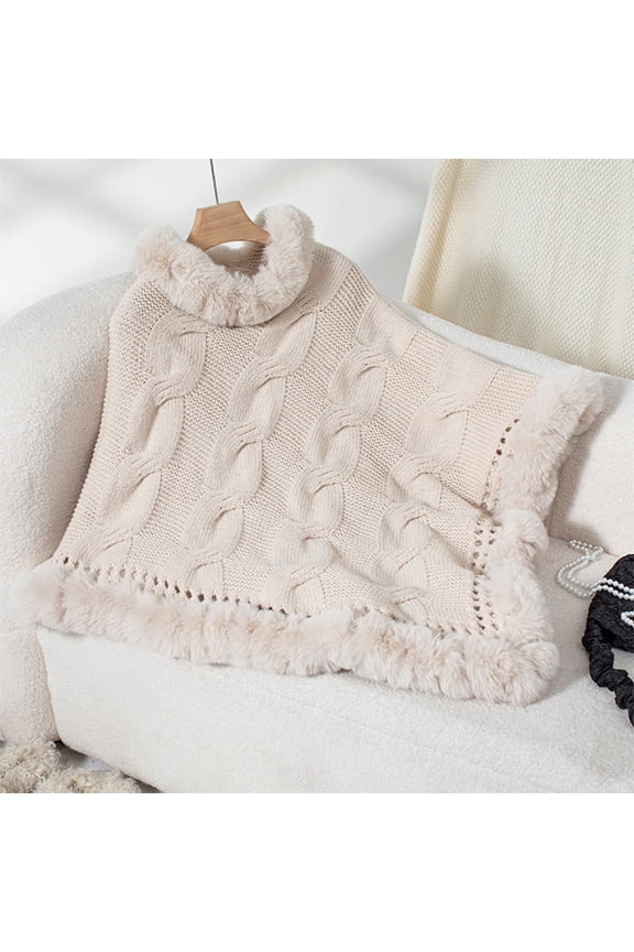 Womens Knitted Loose Thickened Shawl Coat Faux Plush Collar Scarf Wrap Tassel Fringed Wraps Pullover Cape Irregular Hem Casual Sweater