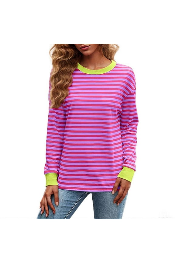 Womens Long Sleeve Round Neck T Shirts Color Block Stripe Striped Causal Blouses Tops 2024