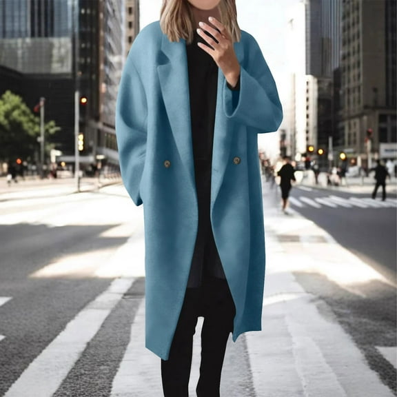 Ftwytp Womens New Coat Plush Trench Jacket Warm Outwear Casual Fashion Solid Colour Lapel Medium Length Overcoat Long Sleeve Outfits Classic Hoodless Coat