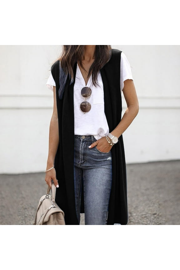 Womens Sleeveless Cardigan Loose Sleeveless Tank Tops Draped Open Front Long Blouse Vest Hem Asymmetric Cardigan Coat