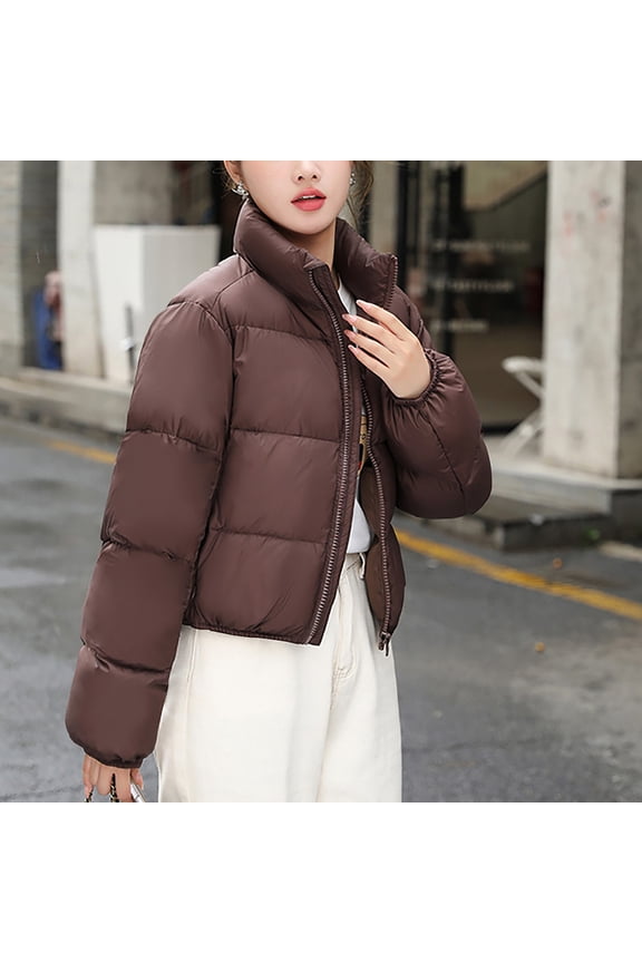 Womens Winter Long Sleeve Zip Up Cropped Puffer Down Jackets Padding Warm Baggy Loose Quilted Short Down Hooded Coat with Pockets