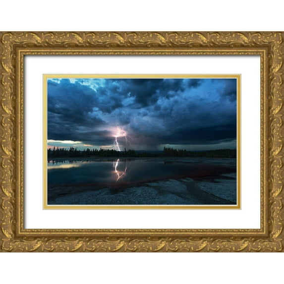 Fu, Annie 32x23 Gold Ornate Wood Framed with Double Matting Museum Art Print Titled - Lightning Above Turquoise Pool