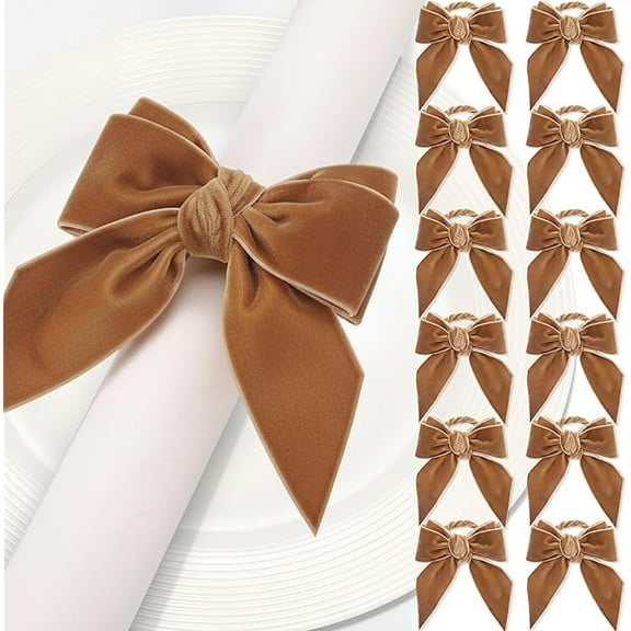 Fu997 12 Pack Velvet Bow Napkin Rings, Christmas Bowknot Napkin Holder Ring Dining Table Decor for Xmas Dinner Parties Holiday Wedding Home Table Setting(Camel)