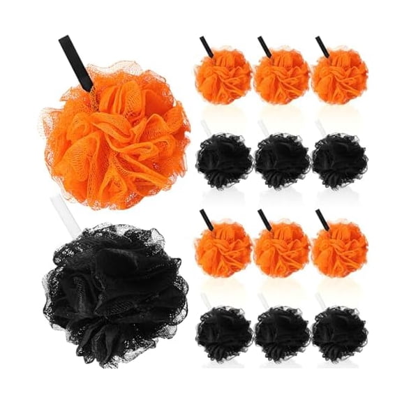 Fu997 12 Pcs Christmas Bath Loofah Sponge Red Green Loofah Exfoliating Body Scrubber Shower Sponge 50g Mesh Shower Pouf Balls Gift Set for Women Men Bathing Accessories(Black,Orange)