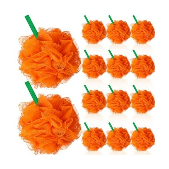 Fu997 12 Pcs Christmas Bath Loofah Sponge Red Green Loofah Exfoliating Body Scrubber Shower Sponge 50g Mesh Shower Pouf Balls Gift Set for Women Men Bathing Accessories(Orange)